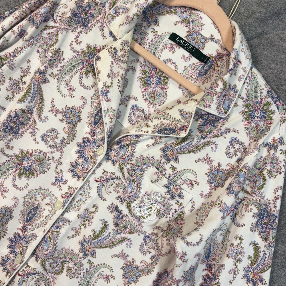 Lauren Ralph Lauren Sleepshirt Womens Sz L White Paisley Monogrammed Pocket